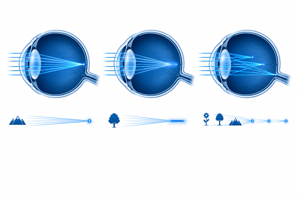 How monofocal, EDOF and multifocal lenses focus light
