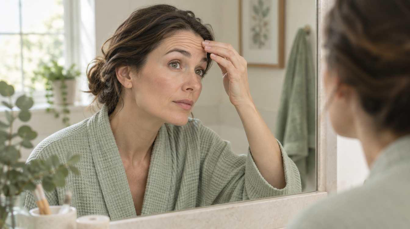 A woman checking her forehead lines in a bathroom mirror