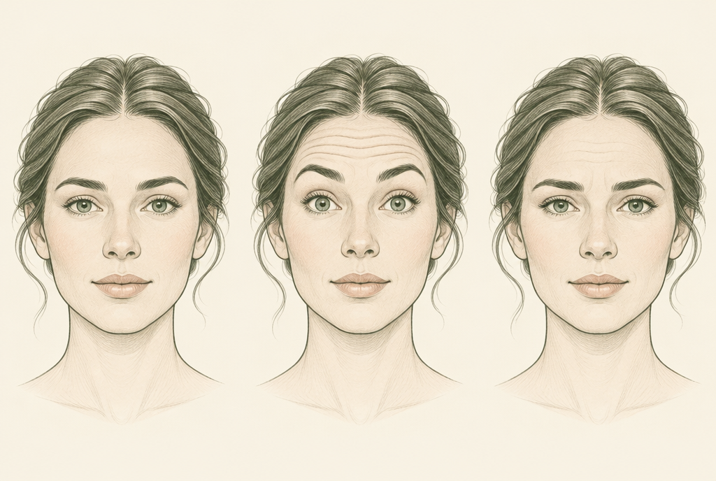 The same forehead relaxed, with eyebrows raised, and just after lowering them