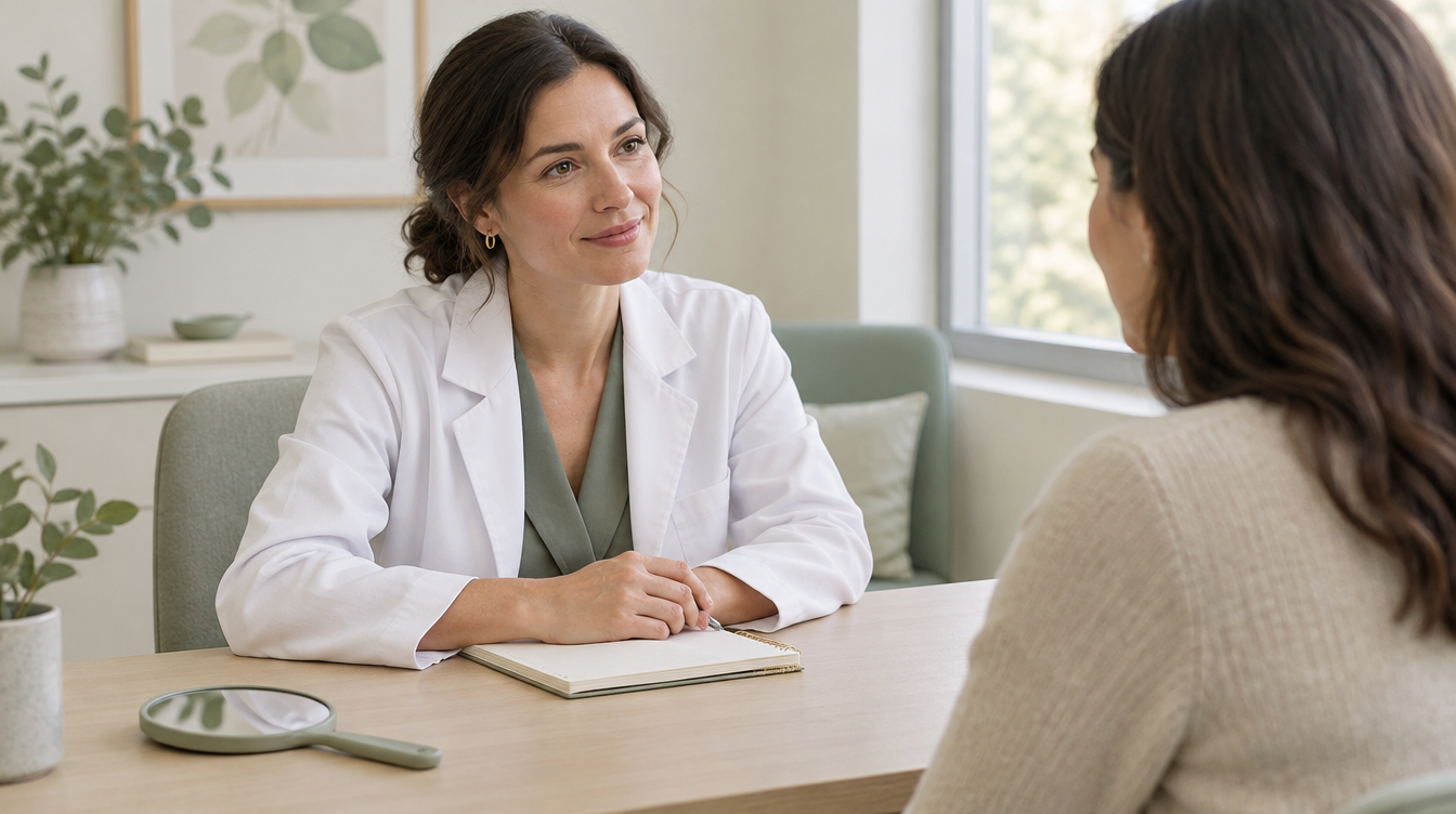 A doctor and a patient talking at a consultation desk with a hand mirror
