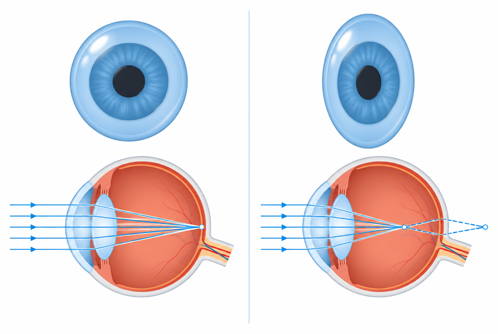 An evenly curved cornea focusing light to one point, and a cornea curved more in one direction splitting the focus