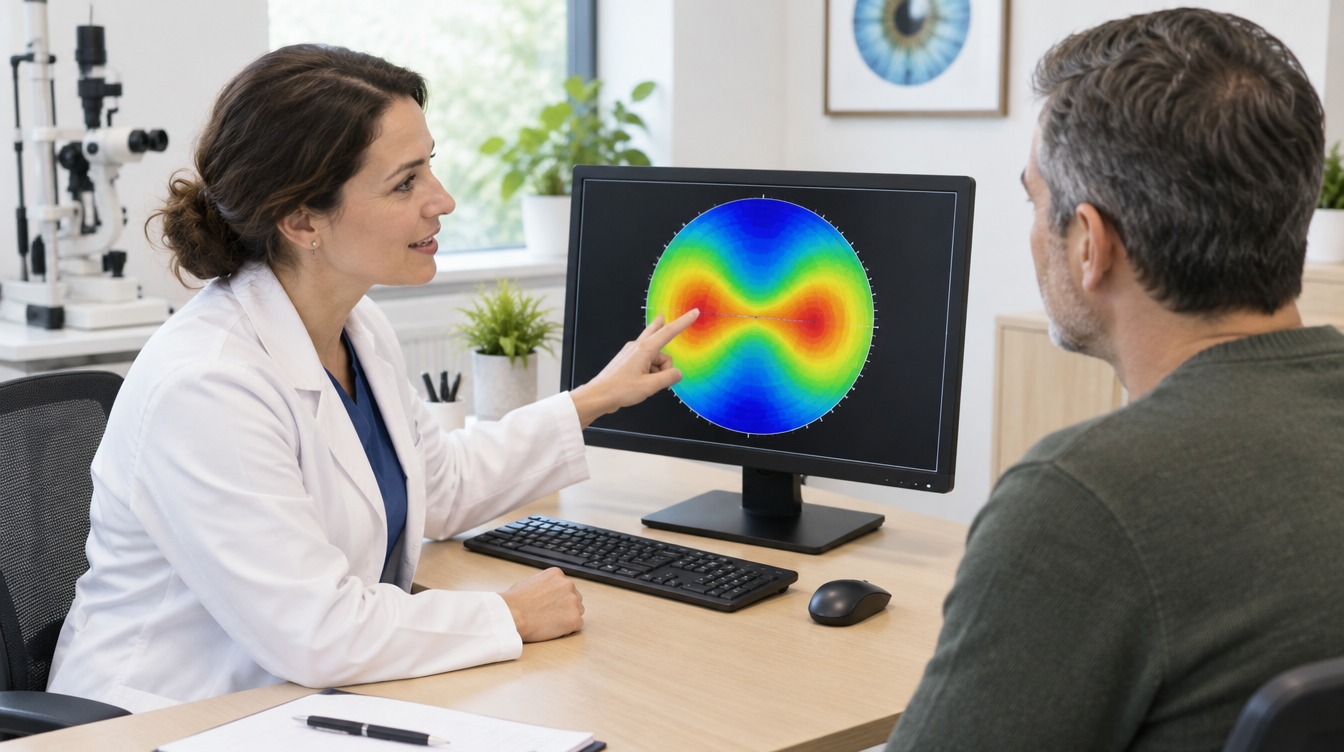 An eye doctor explaining a corneal map on a monitor to a patient