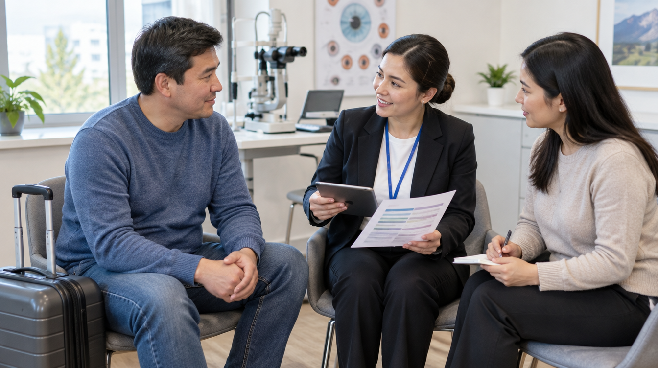 A traveler with a suitcase talking with a clinic coordinator and an interpreter