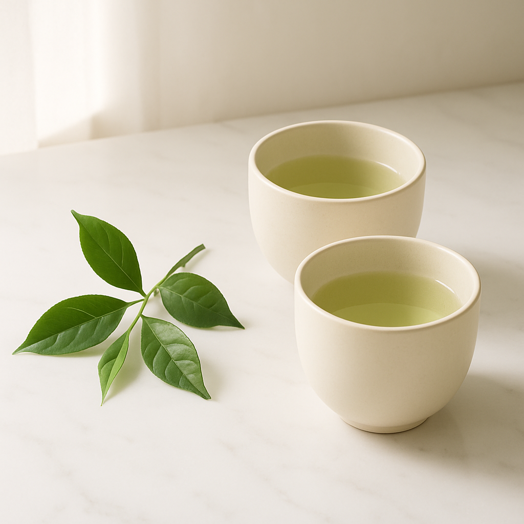 白色大理石台面上的绿茶叶与象牙色陶瓷茶杯,柔和自然光线,简约养生静物摄影